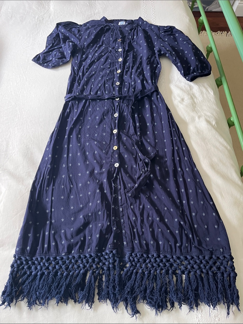 Mer St. Barth Navy Blue Button Front Dress with Tassel Hem & Belt, Size Medium
